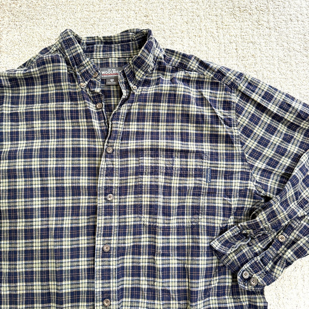 Woolrich‎ Mens Flannel Button Up Shirt Long Sleeve Plaid XL Deep Navy Outdoor